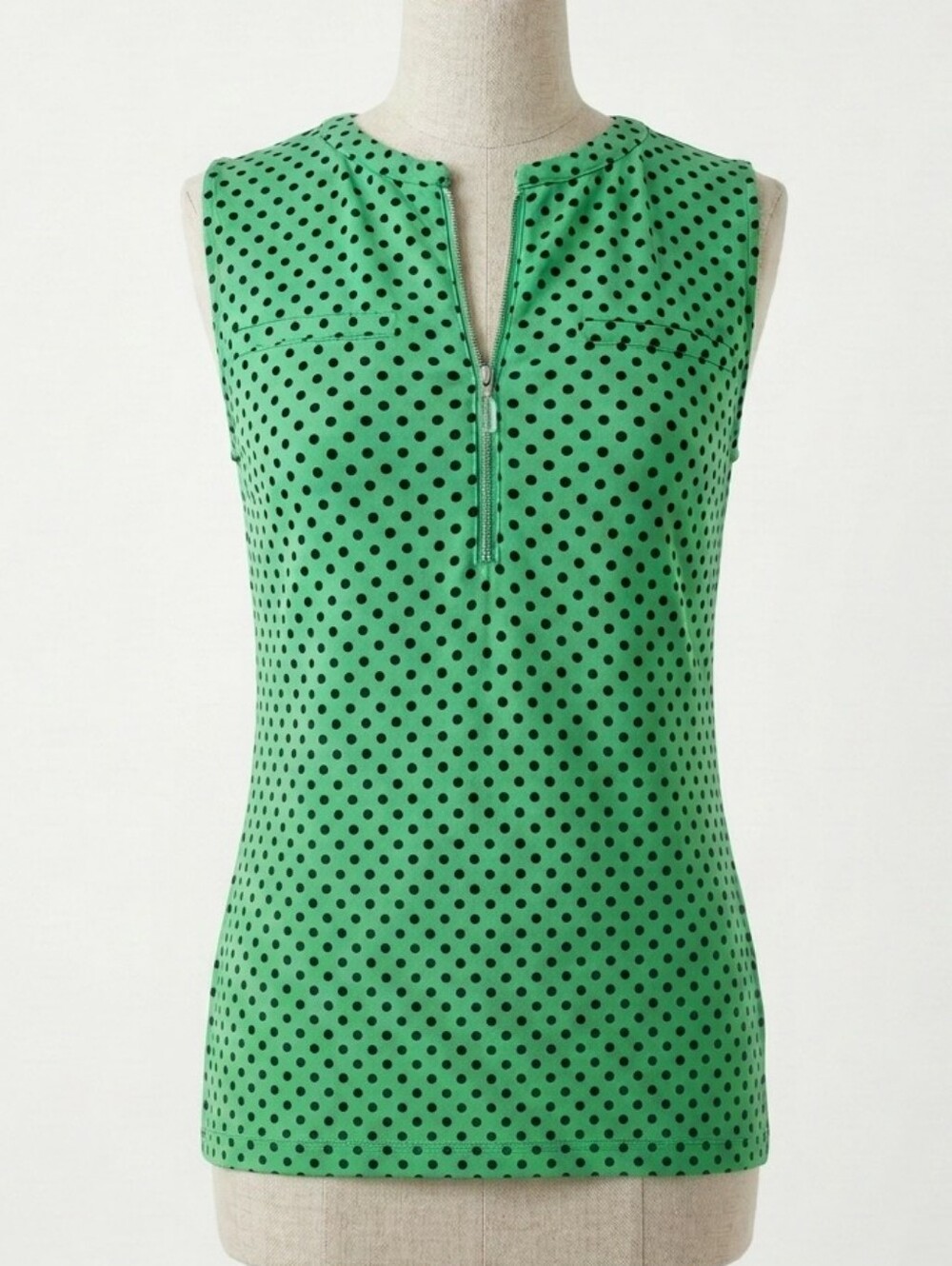 NY&CO 7th Avenue Pistachio Green Navy Polka Dot Zipper Sleeveless Top SMALL